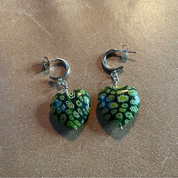 💚 Green heart Italian Millefiori floral earrings green silver - Picture 8 of 8